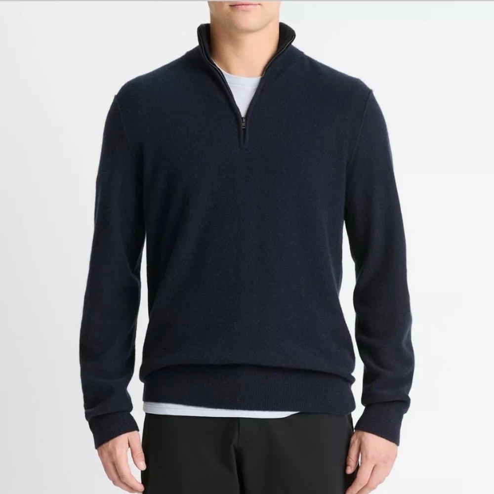Vince Men's Navy Zip-Up Plush Cashmere Sweater Sz L Old Money Quiet Luxury